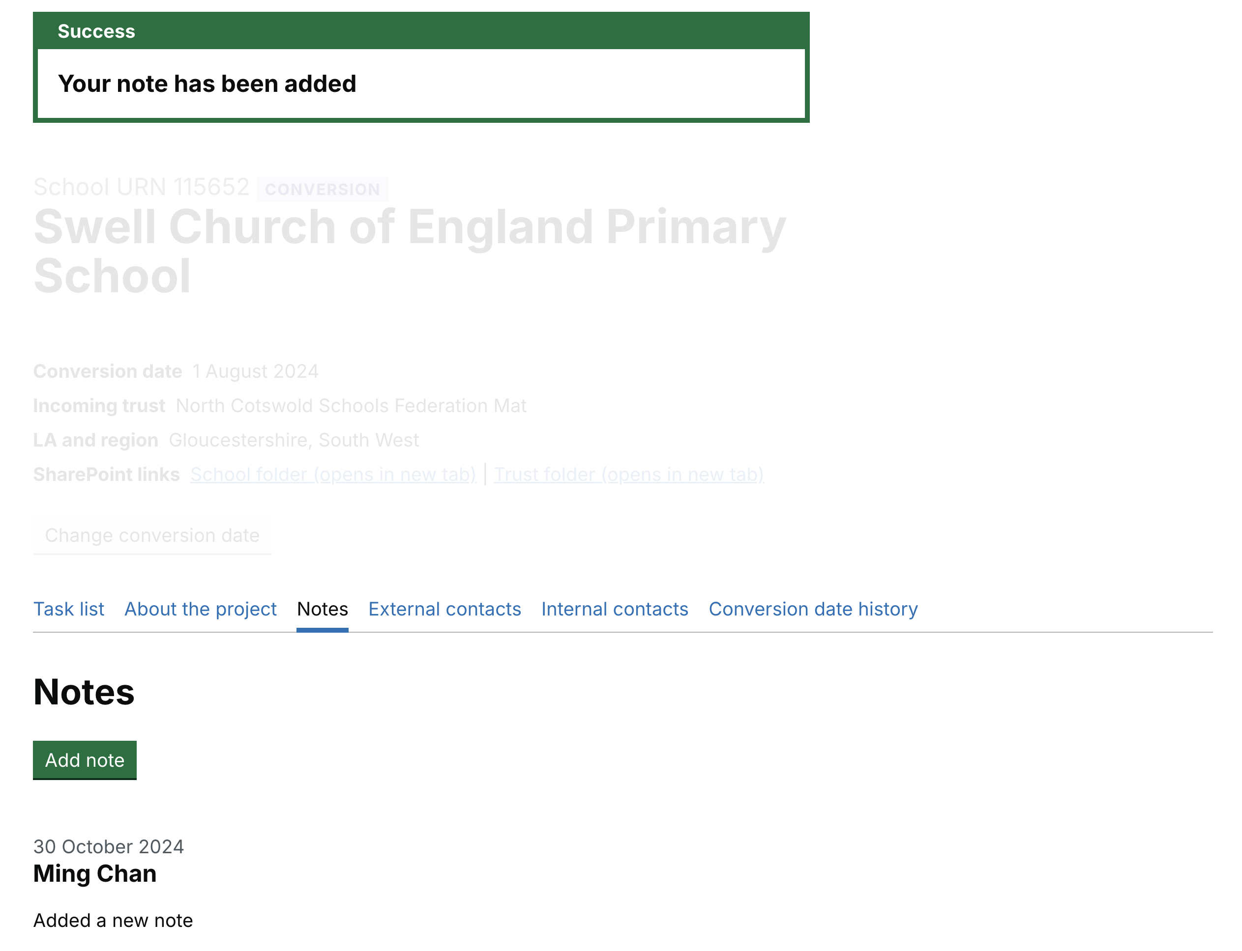 A project page with a notes tab. A success banner titled 'Your note has been added' appears at the top of the page.