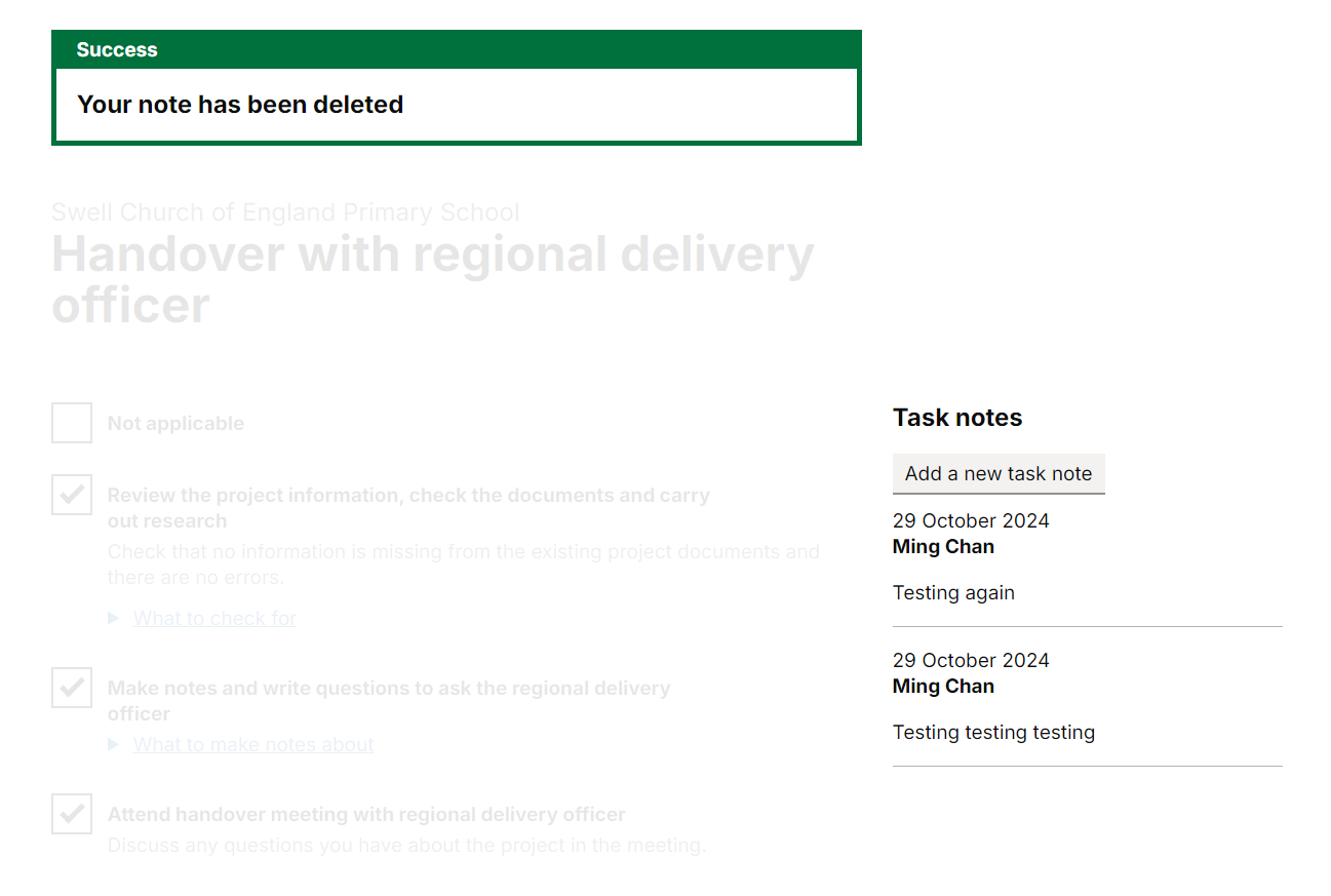 A project page. A success banner titled 'Your note has been deleted' appears at the top of the page.