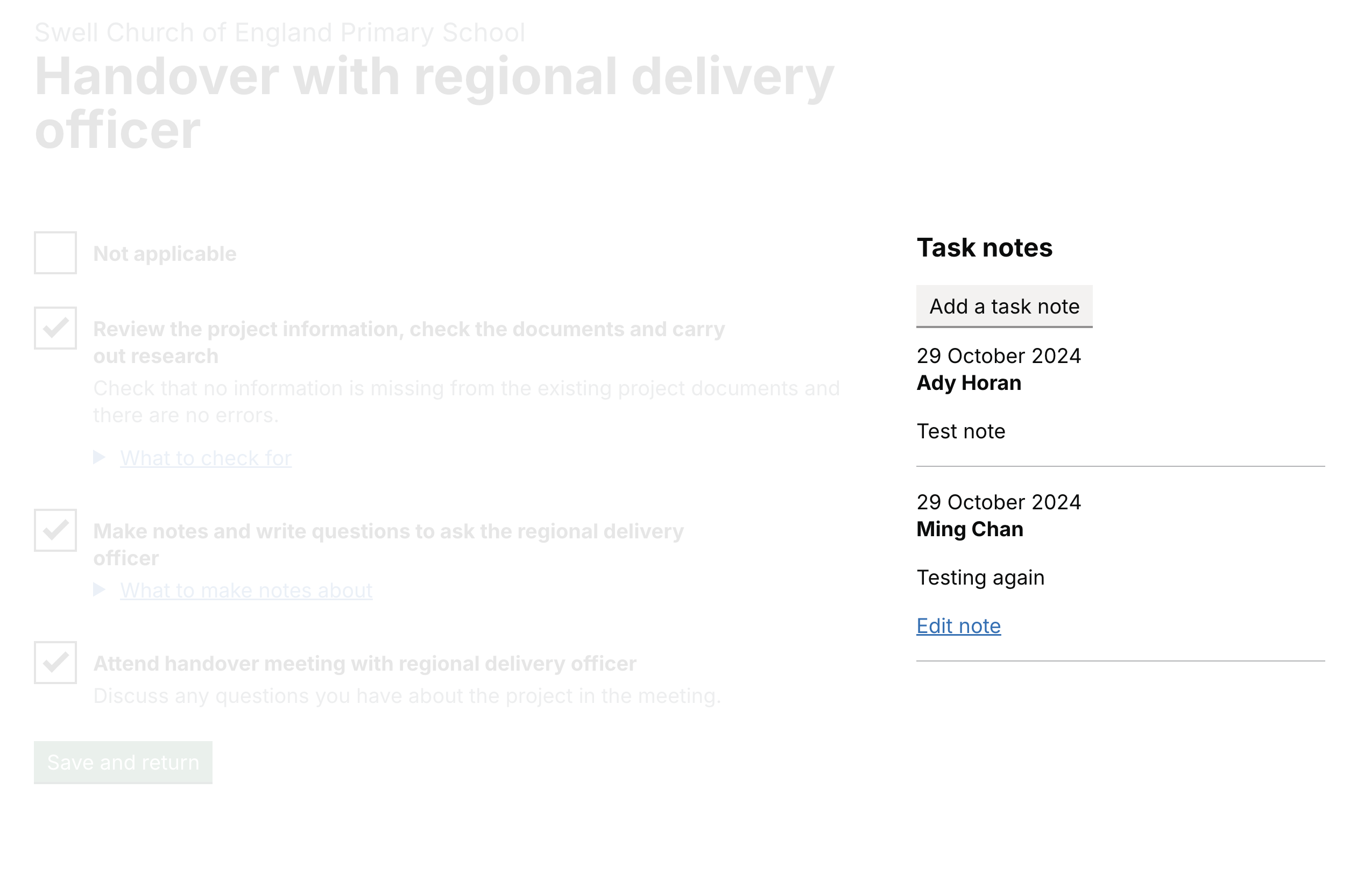 A task notes section in a 'Handover with regional delivery officer' task. It has an 'Add a task note' button and some existing notes.