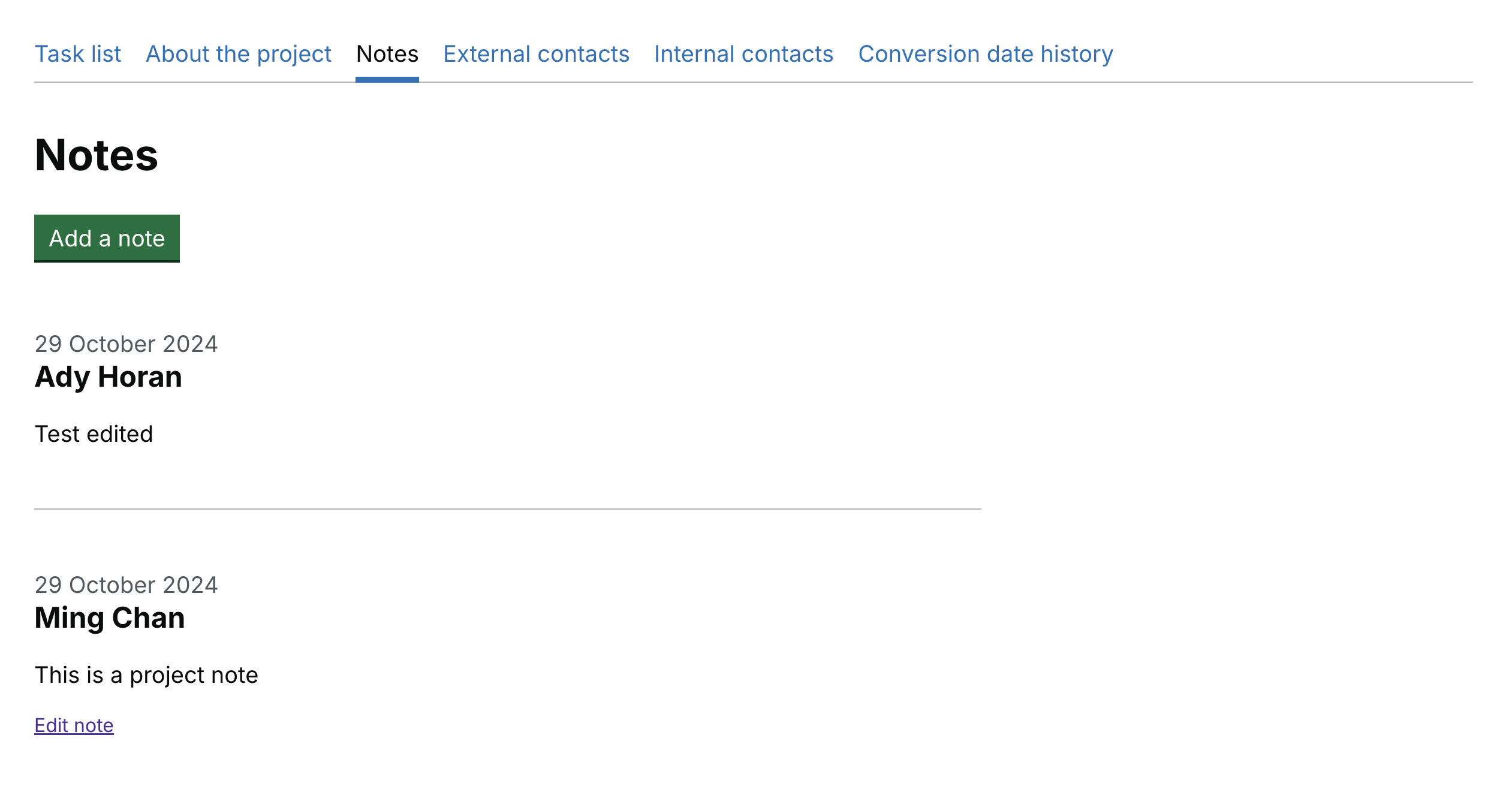 A notes tab in a project. It has an 'Add a note' button and a note with an 'Edit note' link.