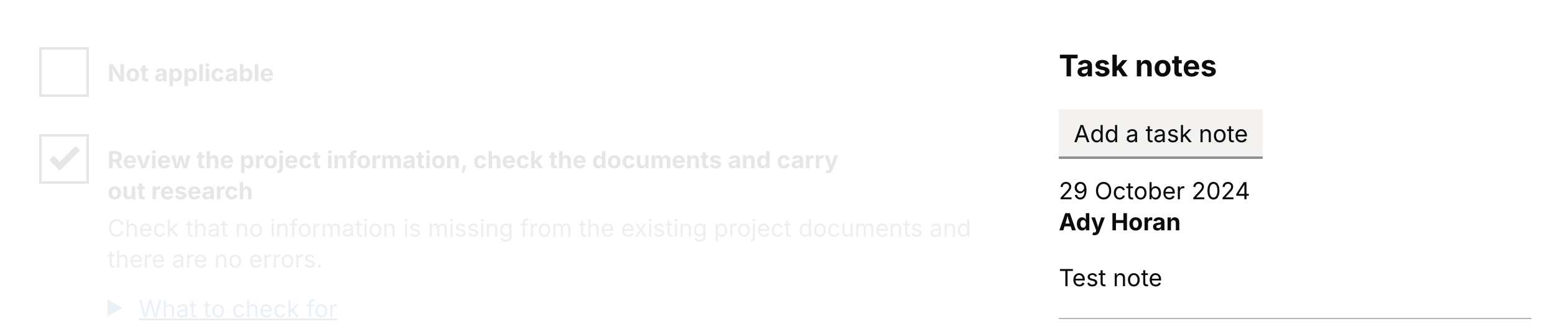 A task notes section. It has an 'Add a task note' button and an existing note.
